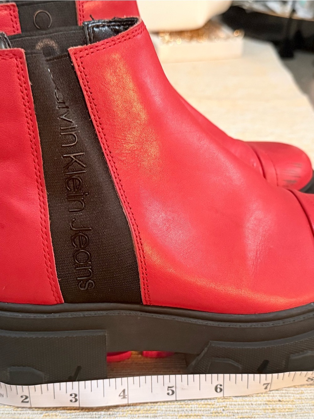 Calvin Klein Jeans Red Leather Chelsea Ankle Boots with Black Elastic Panel